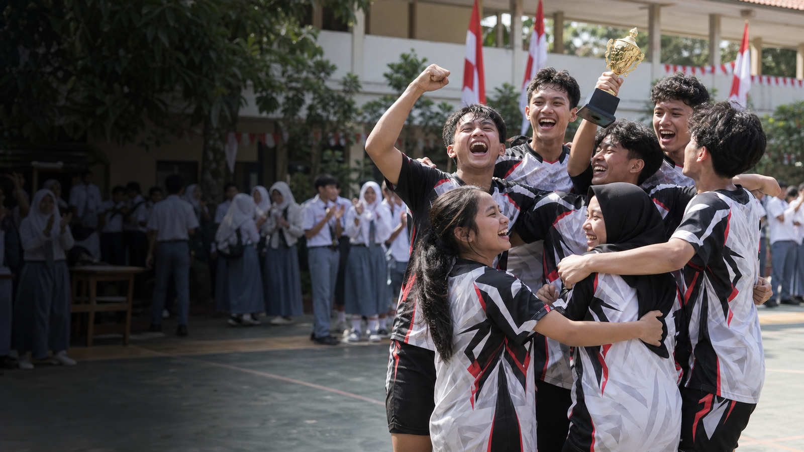 Pelajar memakai jersey anak custom untuk kegiatan sekolah